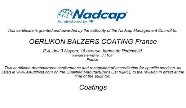 Oerlikon Balzers we Francja z Certyfikatem Nadcap